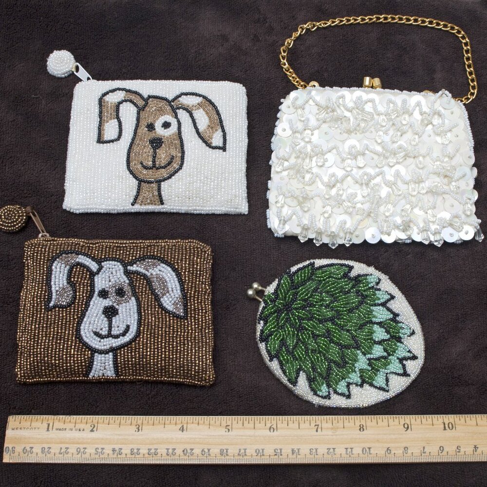 Vintage Lot Of 4 Coin Purses (3) Beaded, (1) Jem Wrist Clutch w/Sequins & Beads